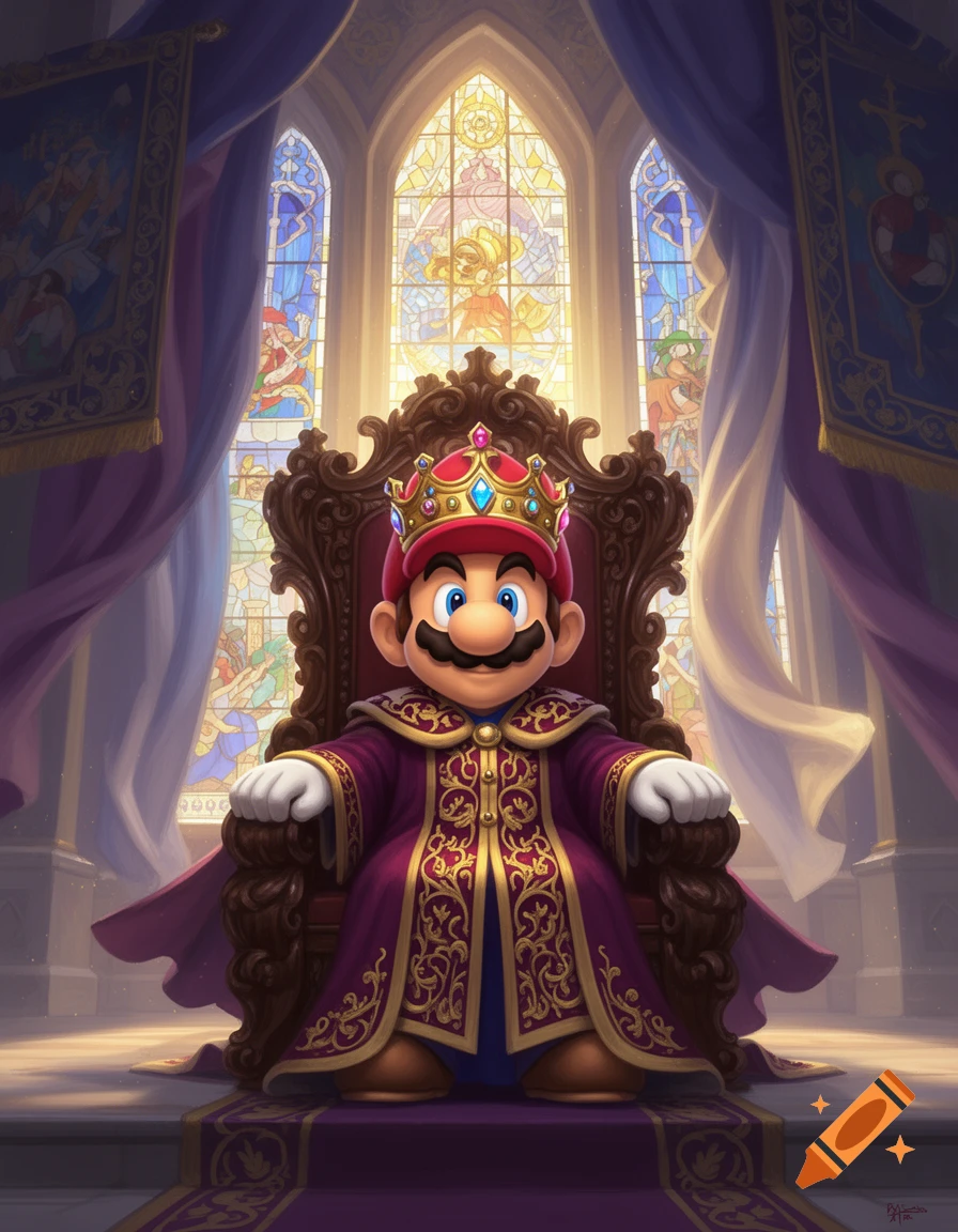 King Mario sits regally on an ornate throne in a grand hall with vibrant stained glass windows, wearing a purple and gold robe.