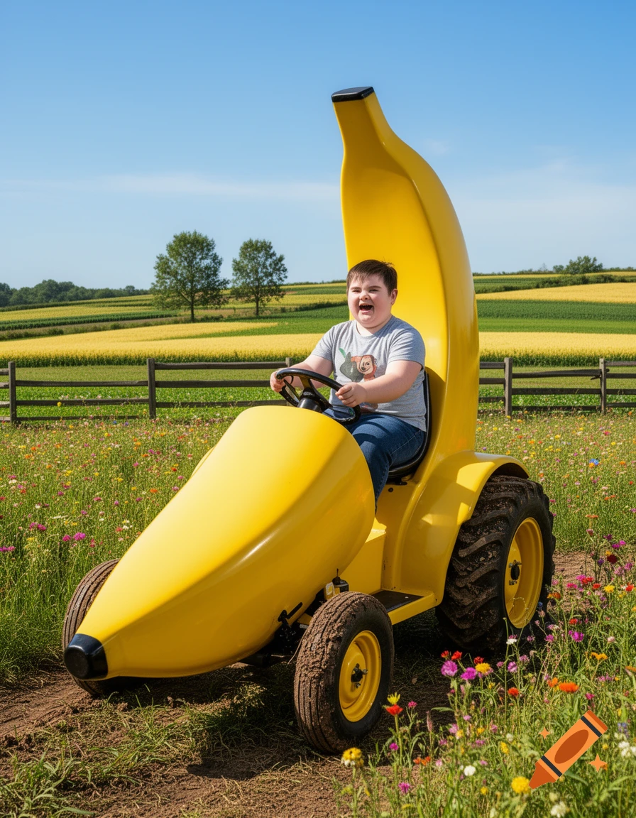 A person with Down syndrome joyfully drives a yellow banana-shaped tractor through a vibrant field filled with wildflowers under a clear blue sky.