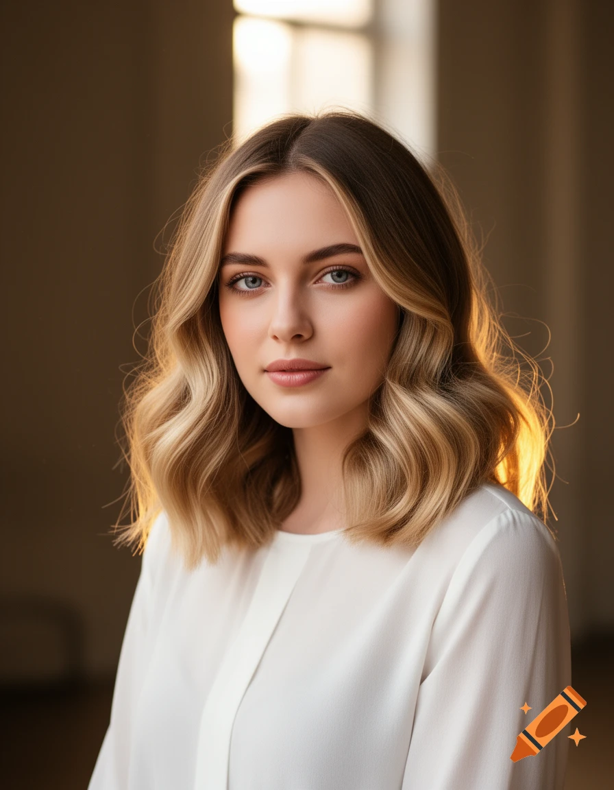 A close-up portrait of a woman with blue eyes and wavy blonde hair, wearing a white blouse, with warm backlighting.