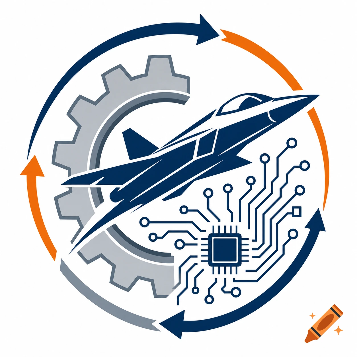 Professional vector logo featuring a jet airplane, a mechanical gear, and circuit board, encircled by arrows on a white background, symbolizing aerospace obsolescence management.