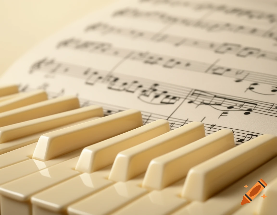Close-up of cream-colored piano keys with blurred sheet music in the background, captured from a side view.