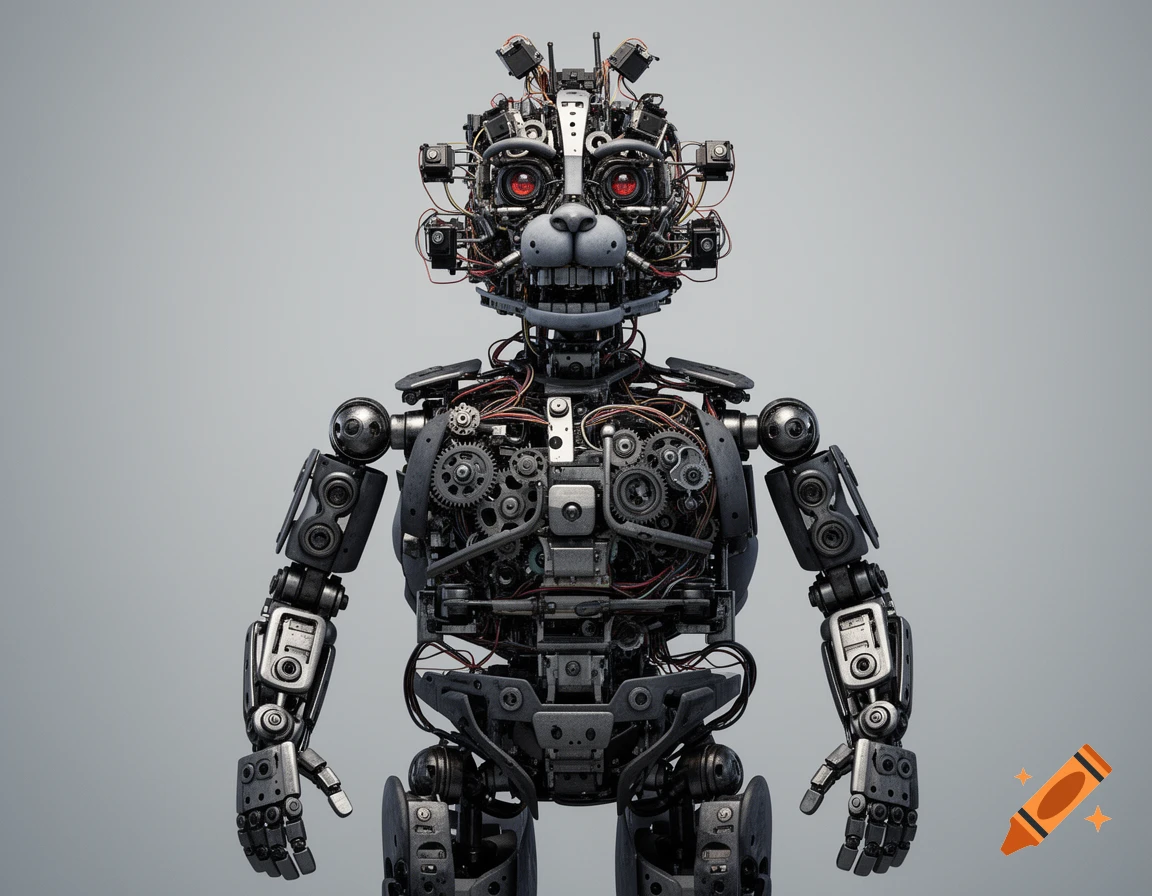 Photorealistic portrait of an animatronic endoskeleton with exposed wires, gears, and red eyes, against a plain gray background.