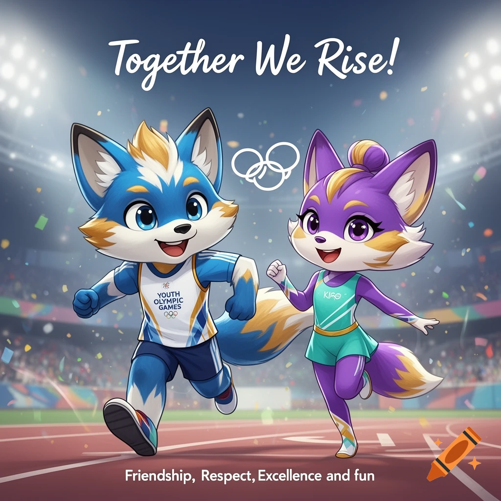 Two adorable, stylized fox-like mascots, a blue male and a purple female, running on a track in a stadium with confetti. The male wears a Youth Olympic Games outfit, and the female wears a teal and purple athletic outfit. Text reads "Together We Rise!" and "Friendship, Respect, Excellence and fun".