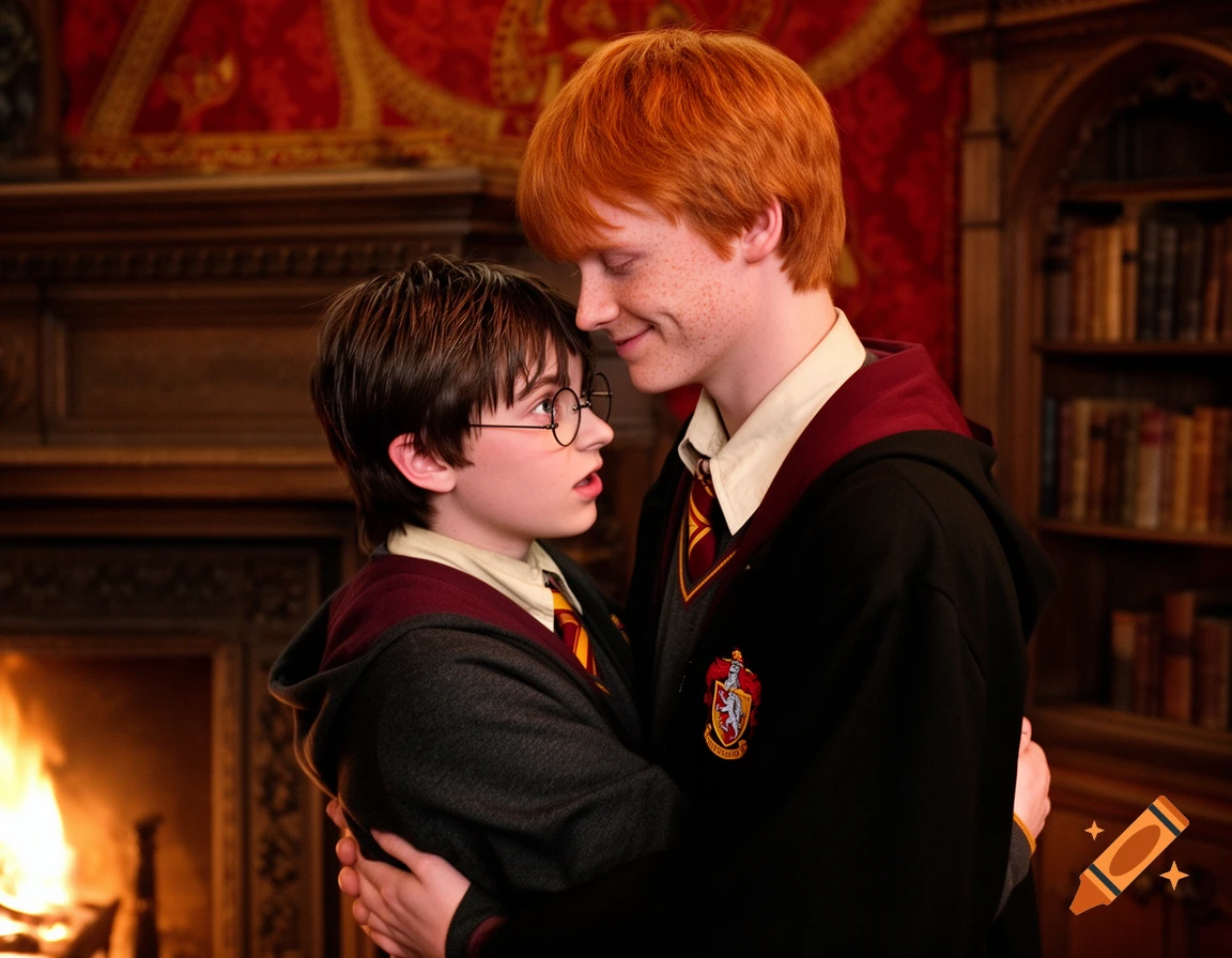 Harry Potter and Ron Weasley in Hogwarts robes embrace in a library, looking into each other's eyes in a photorealistic style.