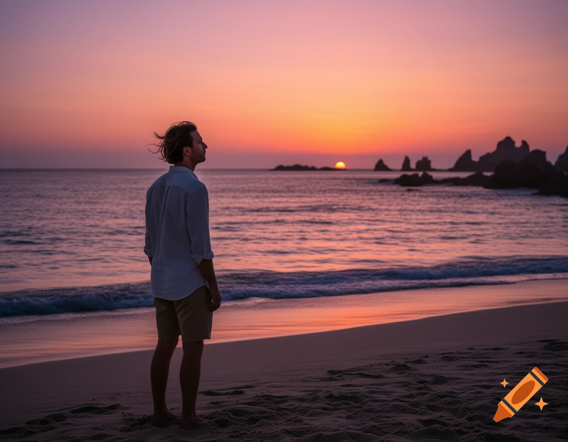A man stands on a sandy beach, silhouetted against a vibrant orange and purple sunset over the ocean.