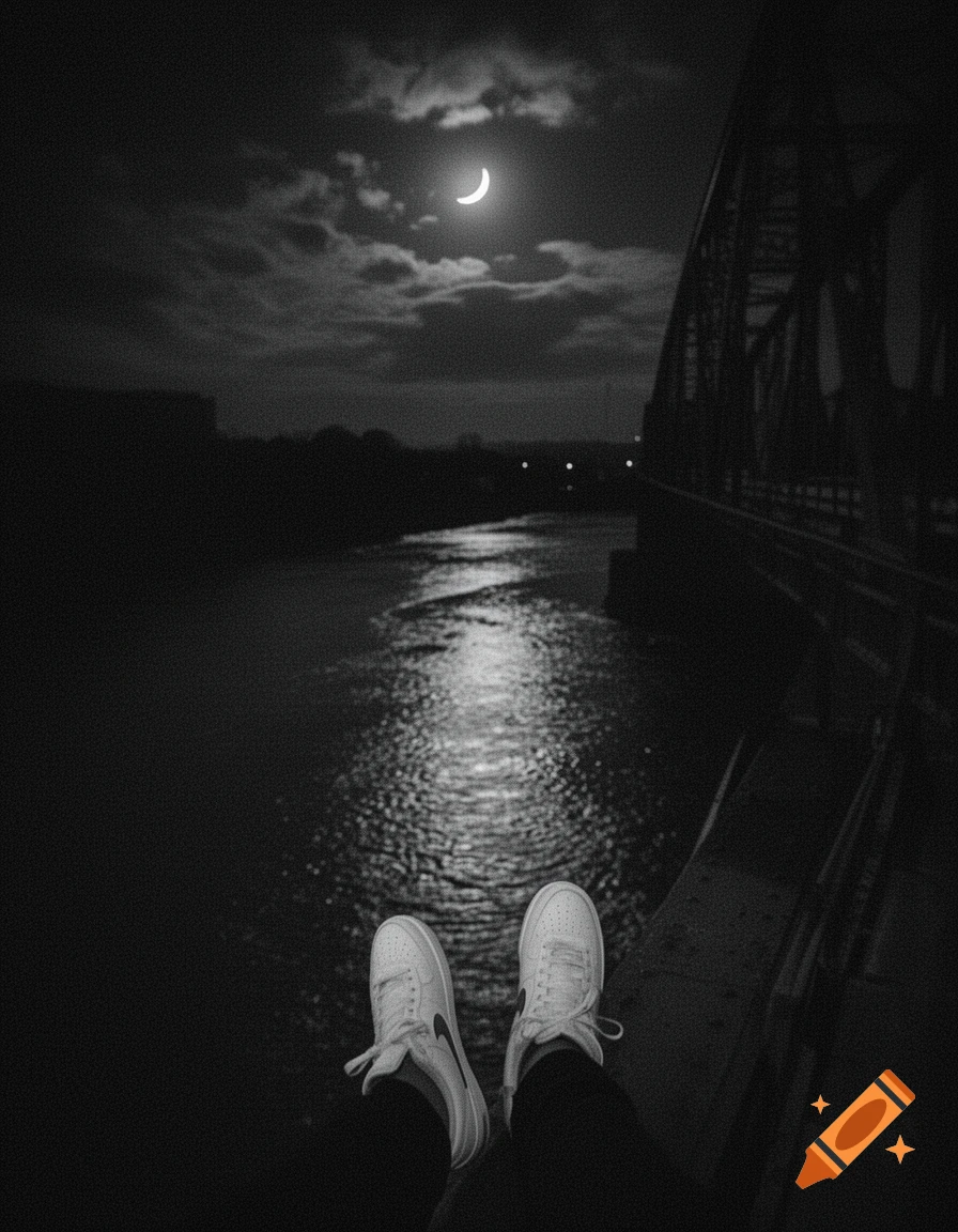 First-person view of white Nike shoes dangling over a bridge at night, looking down at a river with moonlight reflections.
