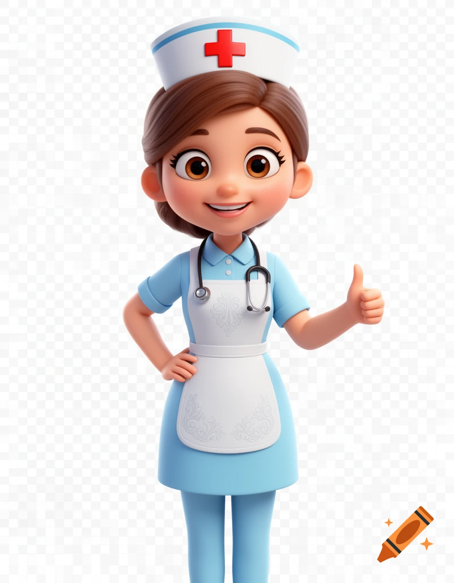 A smiling 3D cartoon nurse in a blue uniform, white cap with a red cross, and stethoscope gives a thumbs-up on a transparent background.