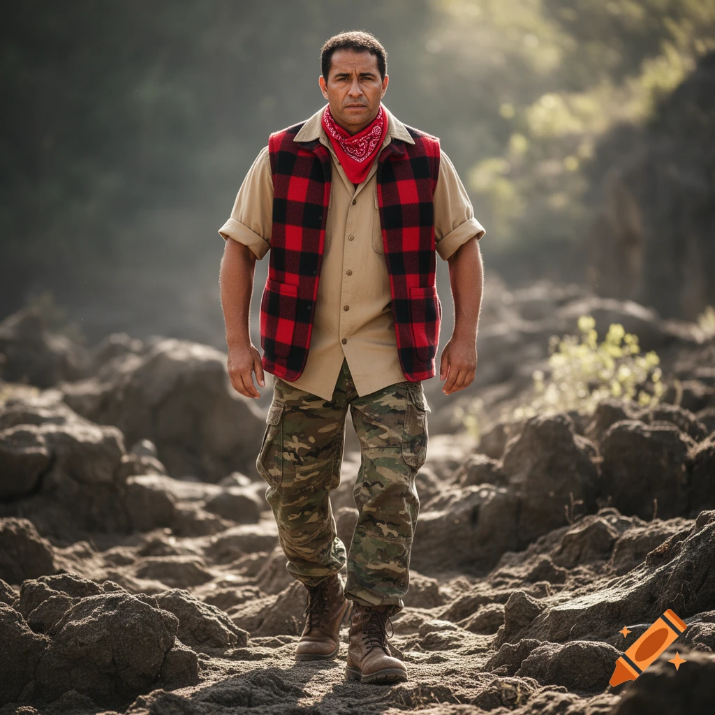 A man in a red and black plaid vest, beige safari shirt, and camouflage pants stands on a rocky path.