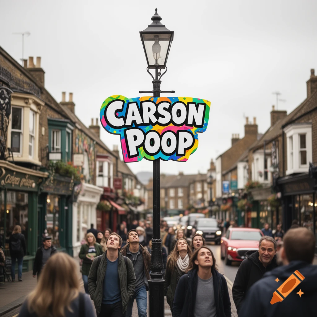 People on a busy street look up at a lamppost with a colorful sign that reads 'CARSON POOP' in a photorealistic style.