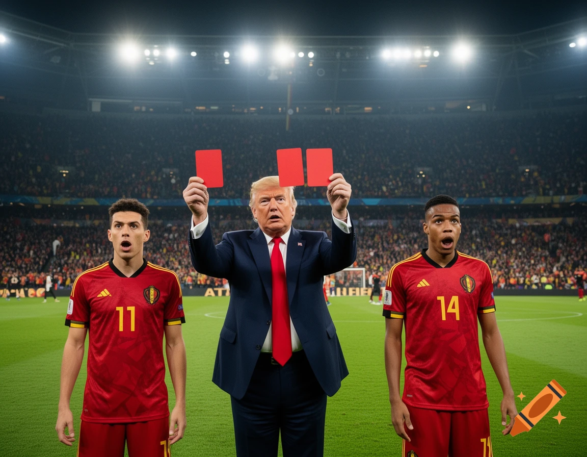 Donald Trump holds two red cards between two surprised Belgian soccer players on a pitch in a crowded stadium.
