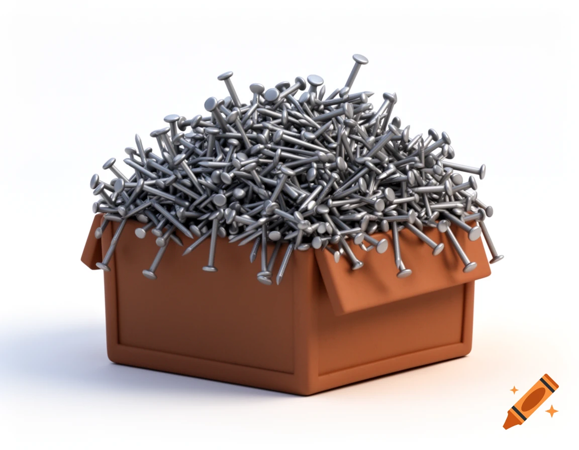 A cartoonish brown box overflows with countless small silver nails, viewed from a 3/4 angle on a white background.