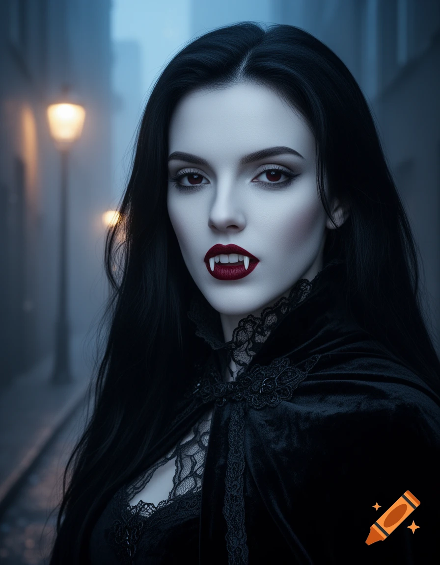 Pale-skinned vampire woman with dark hair, fangs, and red eyes, wearing a black lace and velvet cape in a misty street.