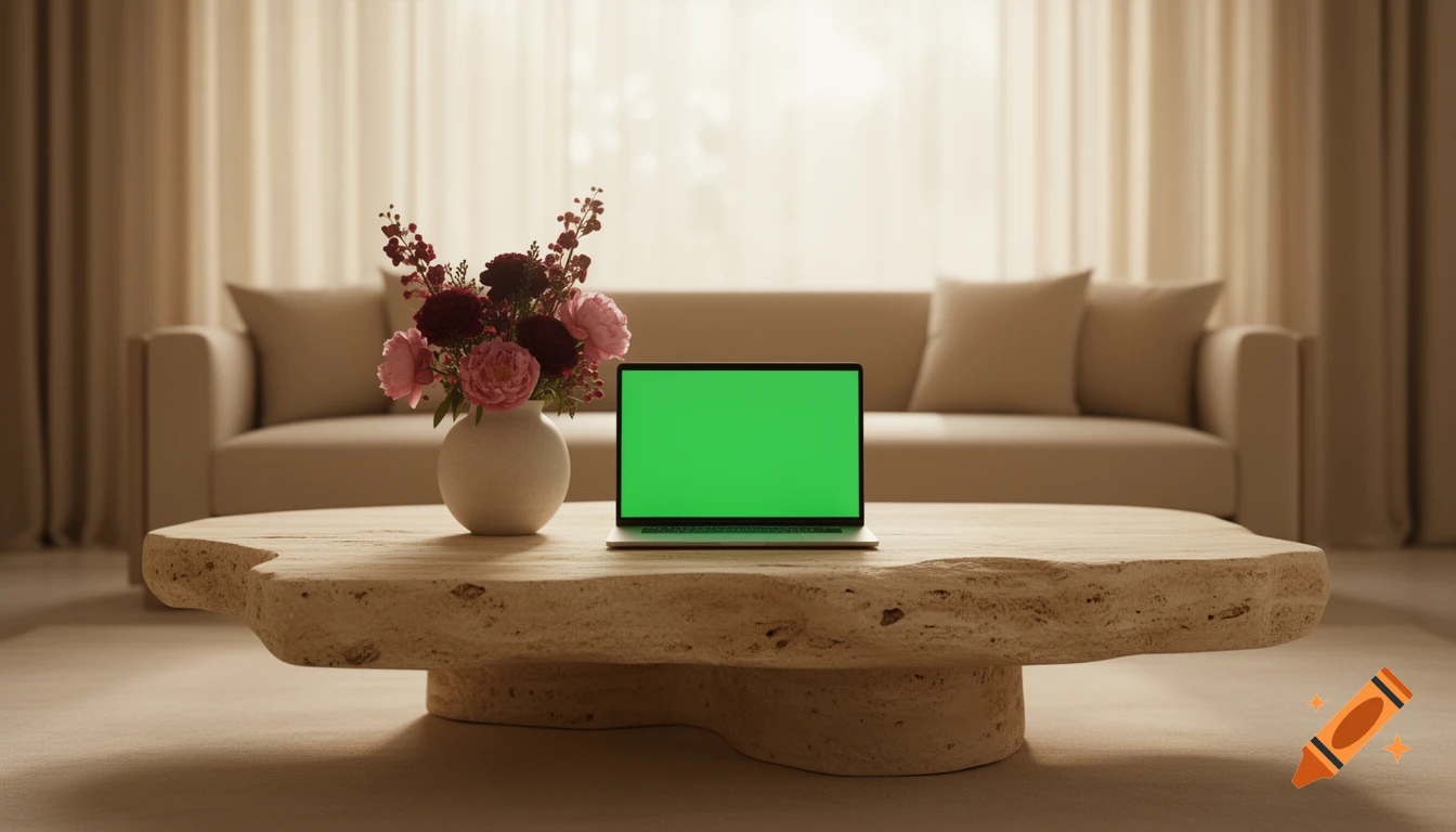 Photorealistic interior with a low travertine coffee table, a laptop with a green screen, and a vase of flowers.