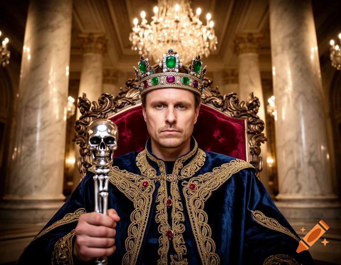 A photorealistic portrait of a serious king in a blue and gold robe and emerald crown, sitting on a red throne, holding a silver staff topped with a skull.