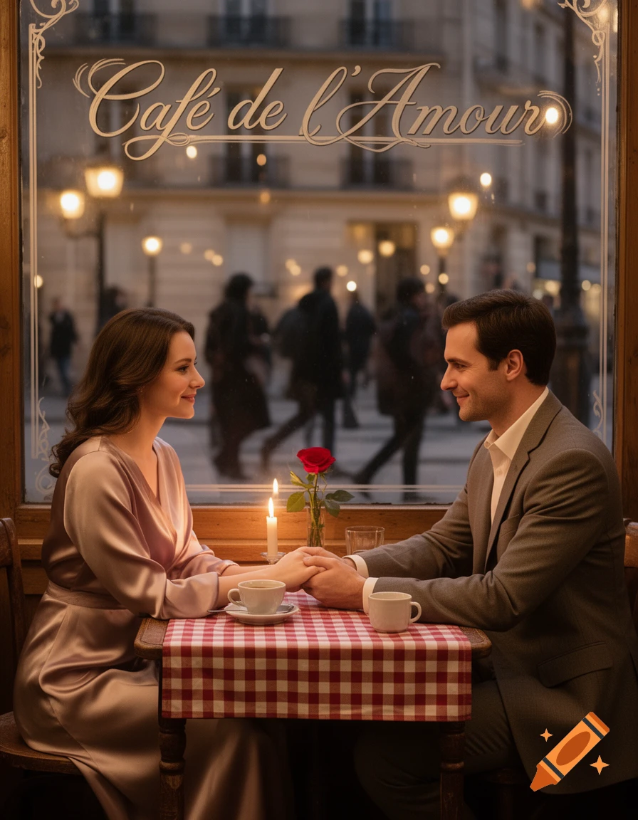 A couple holds hands at a candlelit cafe table with a rose, seen through a window with 'Caf af de l'Amour' text.