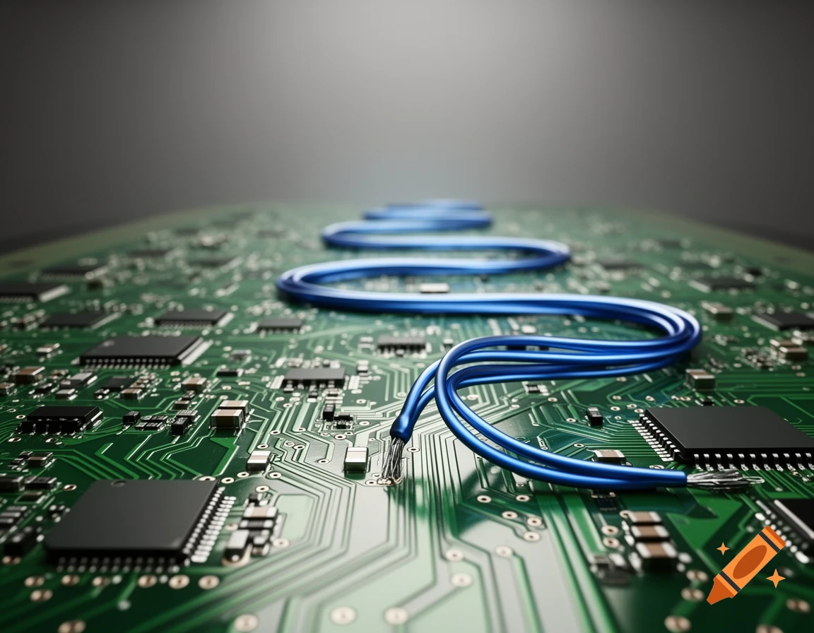 Close-up of a green circuit board populated with black chips and components, featuring a blue wire snaking across its surface.