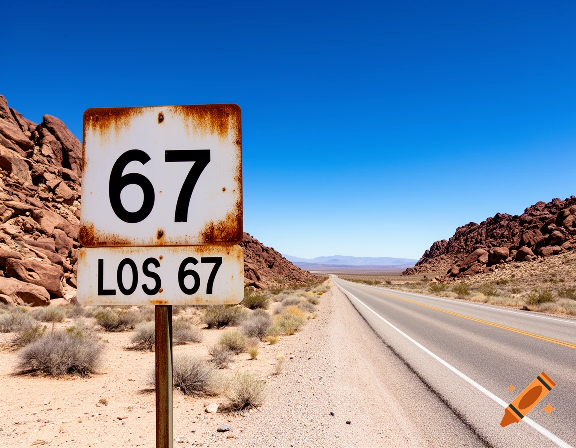 A rusty white road sign displaying '67' and 'LOS 67' stands beside a straight desert highway under a clear blue sky, flanked by rocky hills.