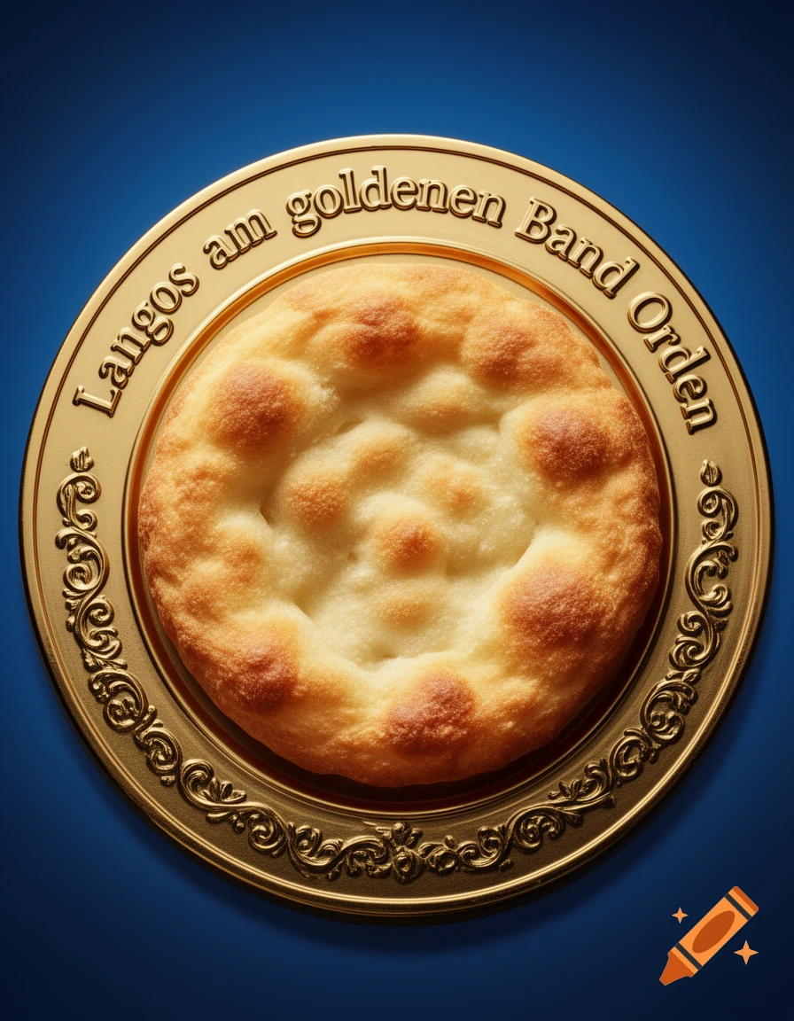 A golden plate with text 'Langos am goldenen Band Orden' holds a round, golden-brown Langos flatbread on a blue background.
