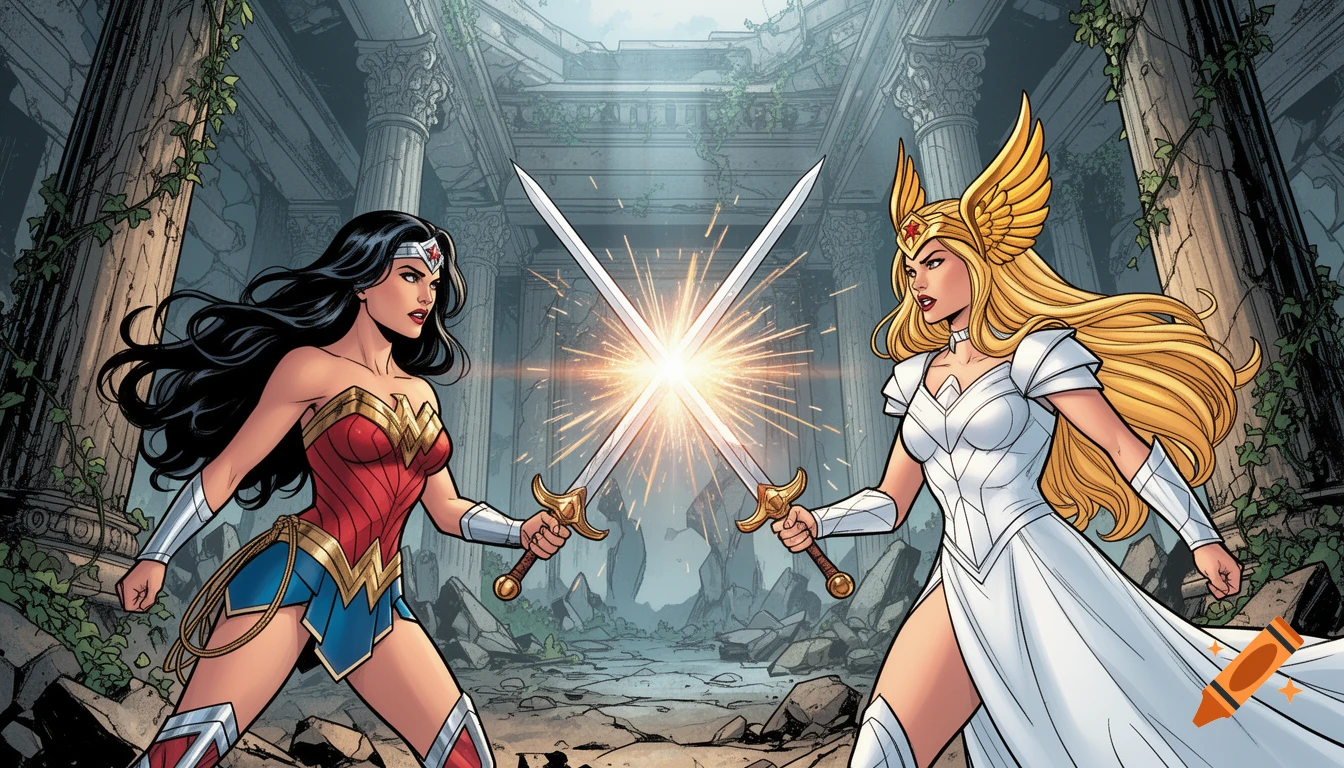 Wonder Woman and She-Ra clash swords in a ruined temple, comic art style.