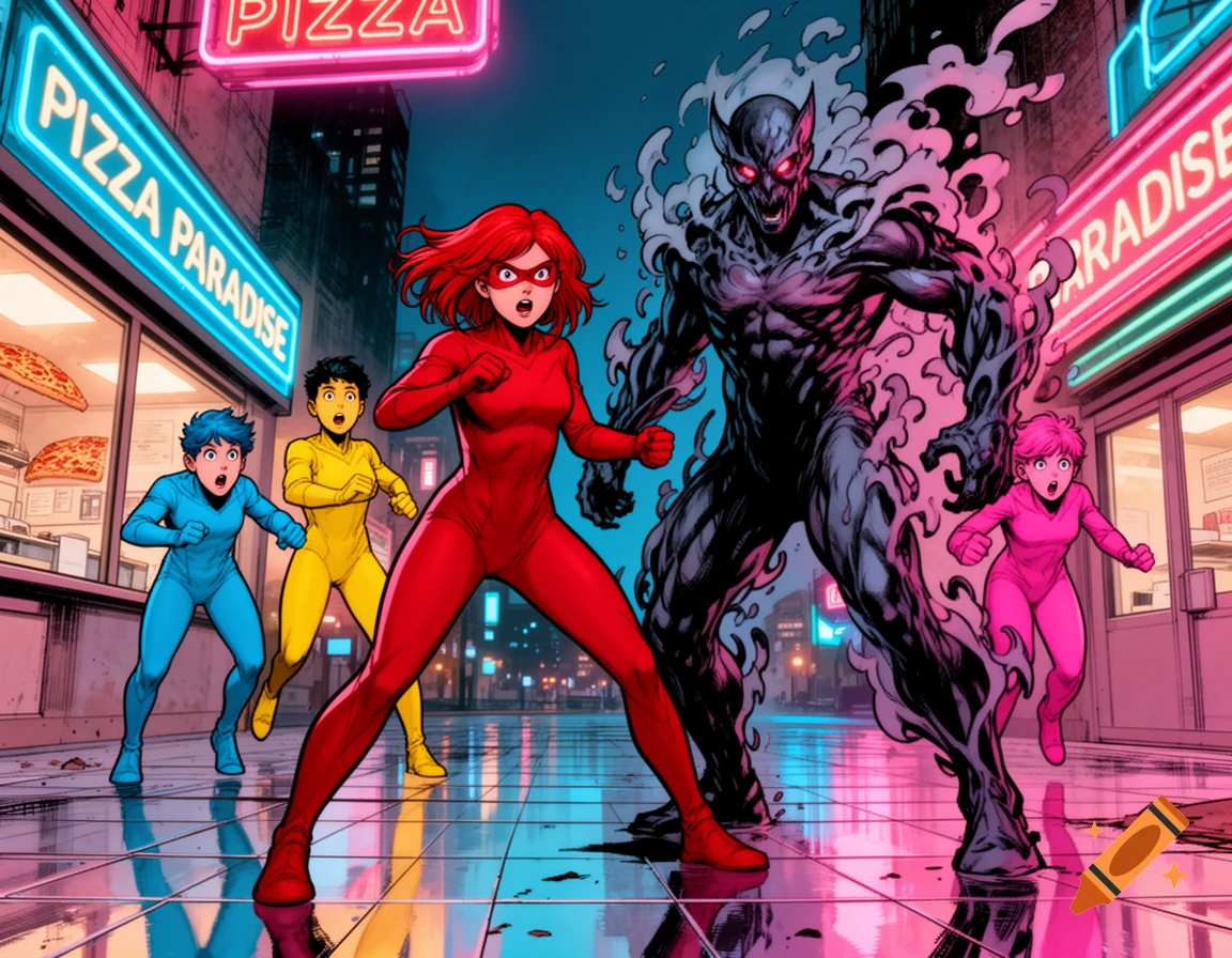 A red-suited female superhero and three colorful companions confront a dark, monstrous villain on a wet city street at night with neon pizza signs, in comic art style.