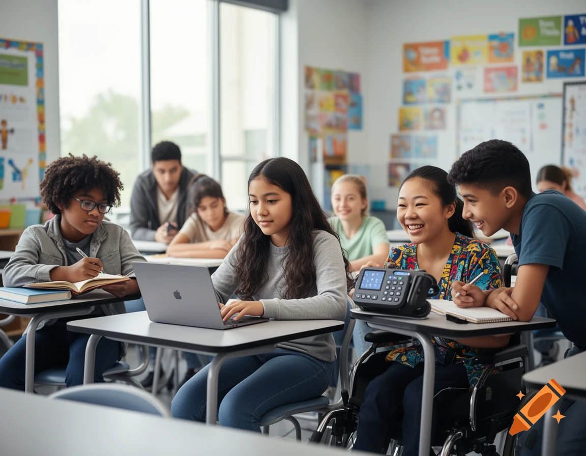 Diverse students in a modern classroom. One student uses a laptop, another writes, while a student in a wheelchair interacts with a classmate using a device.