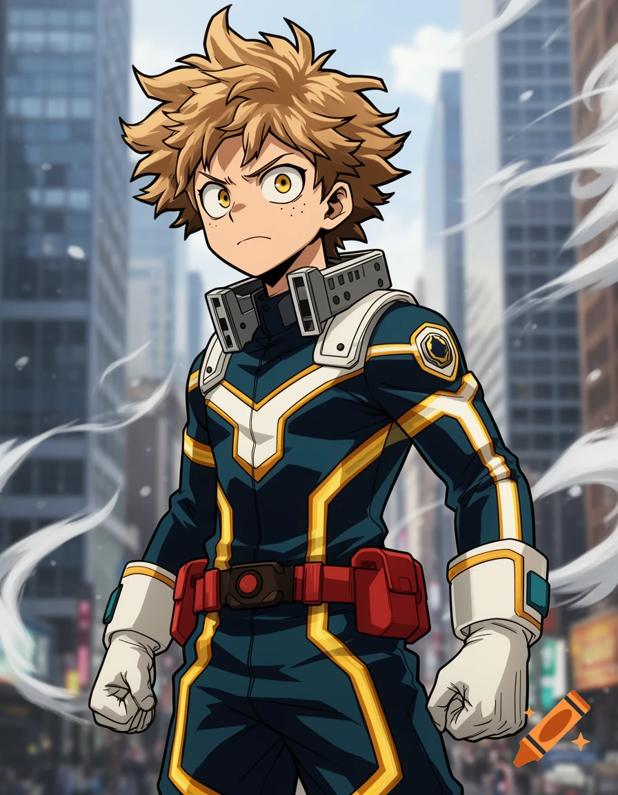 An anime boy with spiky light brown hair and yellow eyes, wearing a dark blue, gold, and white superhero suit, standing in a city.