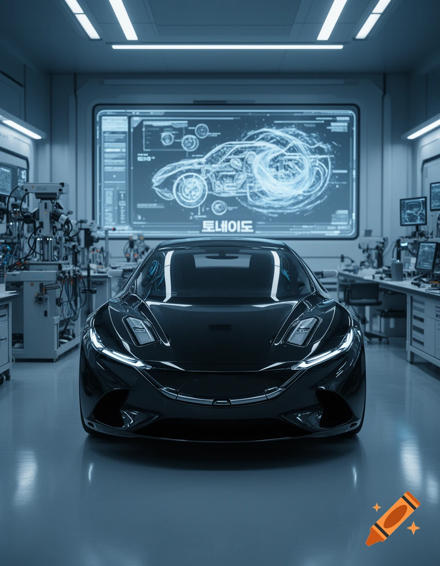 Sleek black futuristic concept car in a high-tech lab with a large screen showing car schematics and 'Tornado' text.