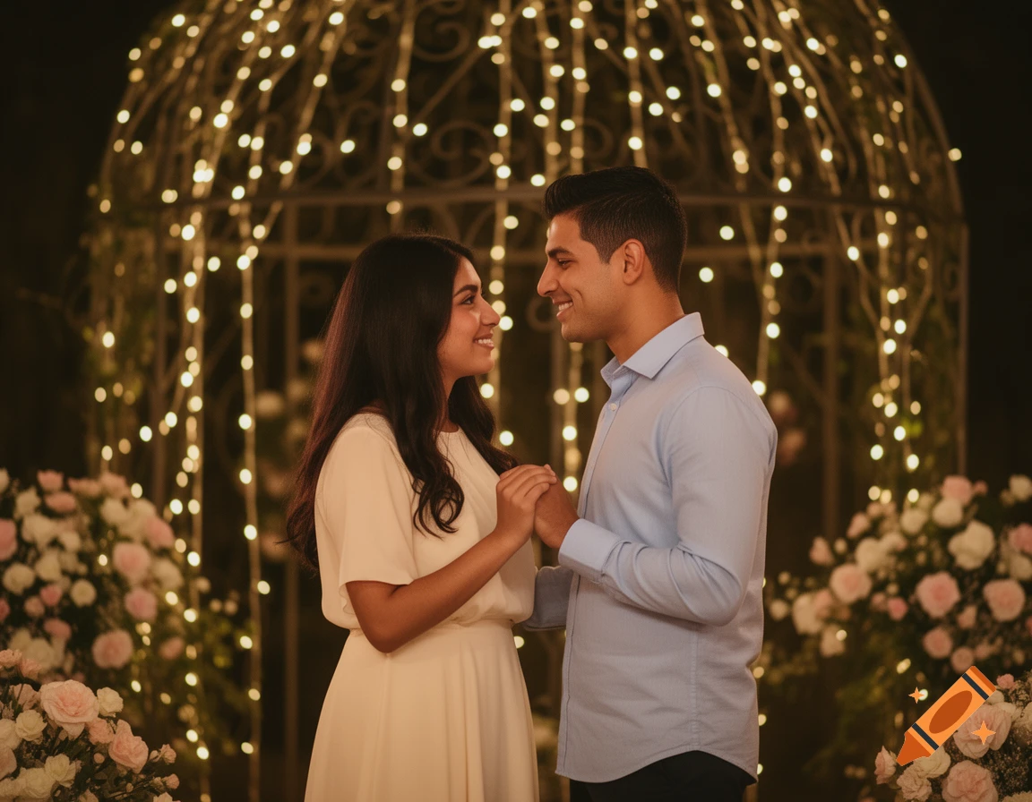 A couple holding hands and smiling at each other under an archway decorated with string lights and flowers.