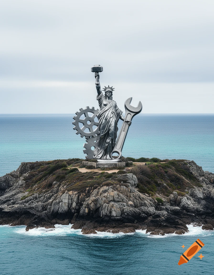 A metallic statue resembling Lady Liberty, holding a hammer and a giant wrench, with a gear behind her, stands on a rocky island in the ocean under a cloudy sky.