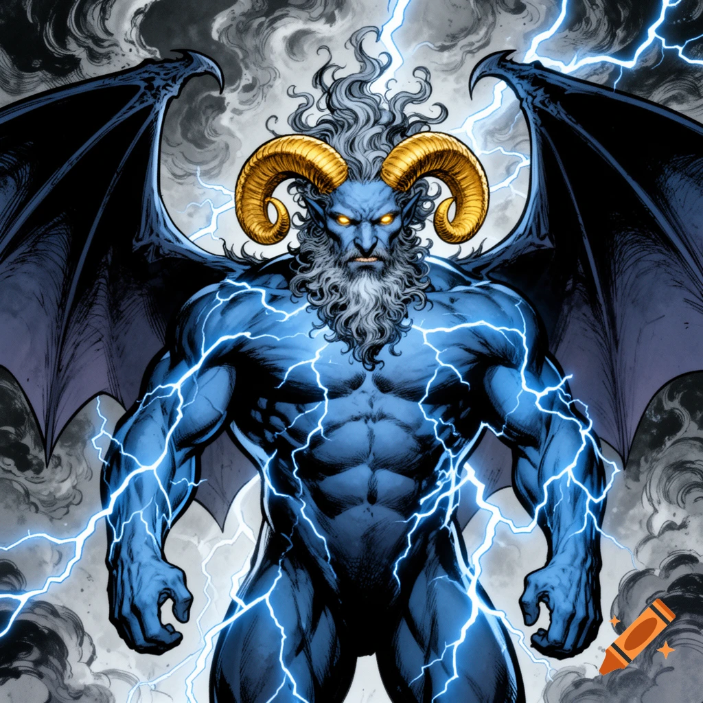 Comic art of a muscular blue-skinned creature with golden ram horns, bat wings, a stormy beard and hair, glowing golden eyes, and lightning across its body.