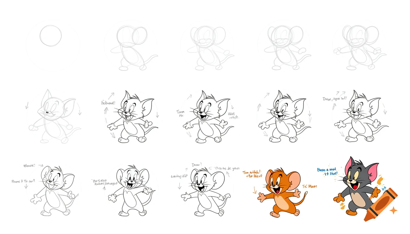 A 15-panel visual guide for drawing cartoon mice and a cat resembling Jerry and Tom, from basic shapes to colored characters.