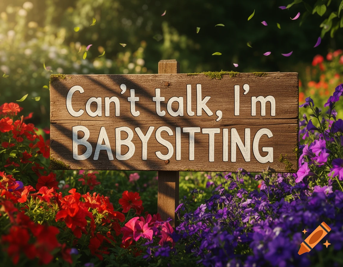 A wooden sign in a sunny garden with red and purple flowers reads 'Can't talk, I'm BABYSITTING', with petals falling.