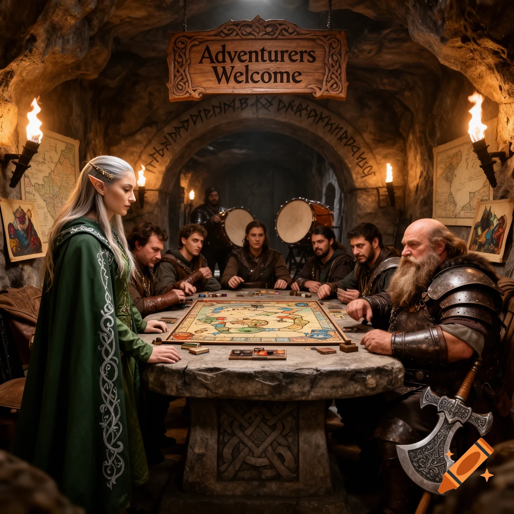 Photorealistic image of fantasy adventurers, including an elf and a dwarf, playing a board game in a torch-lit cave tavern.