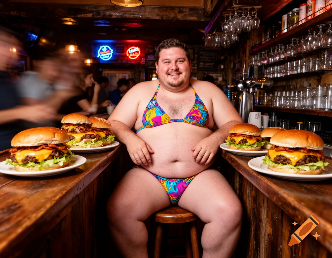 A smiling man wearing a colorful bikini sits at a bar counter surrounded by several large burgers, with blurred people and neon signs in the background.