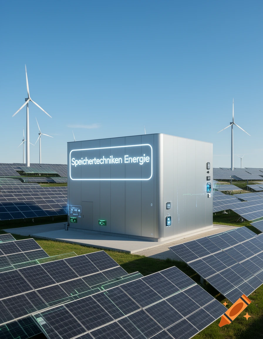 A modern energy storage building with solar panels and wind turbines under a clear sky, showing "Speichertechniken Energie" on its facade.