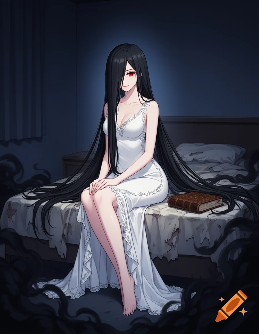 An anime woman with long black hair covering one eye, red eyes, wearing a white nightgown, sits barefoot on a messy bed with dark fog.