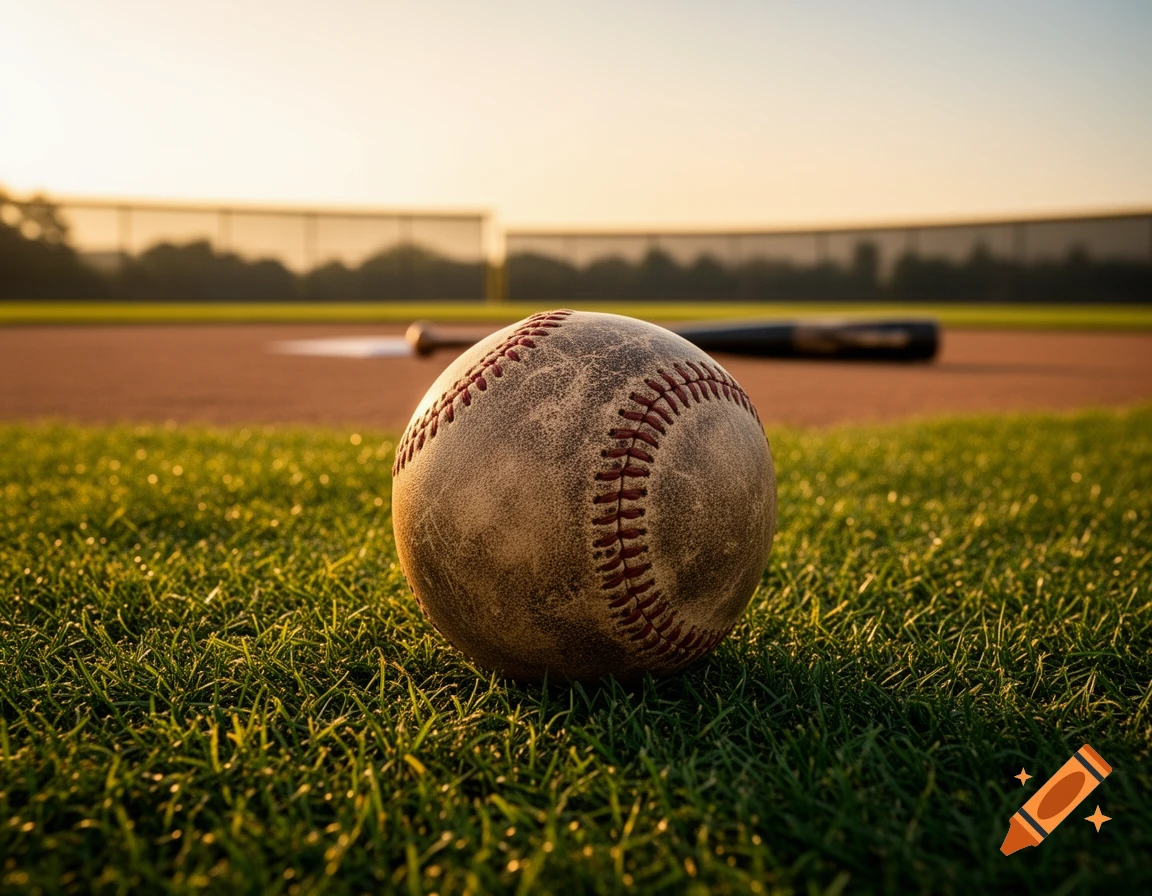 A worn baseball rests on bright green grass on a baseball field at golden hour, with a bat in the background.