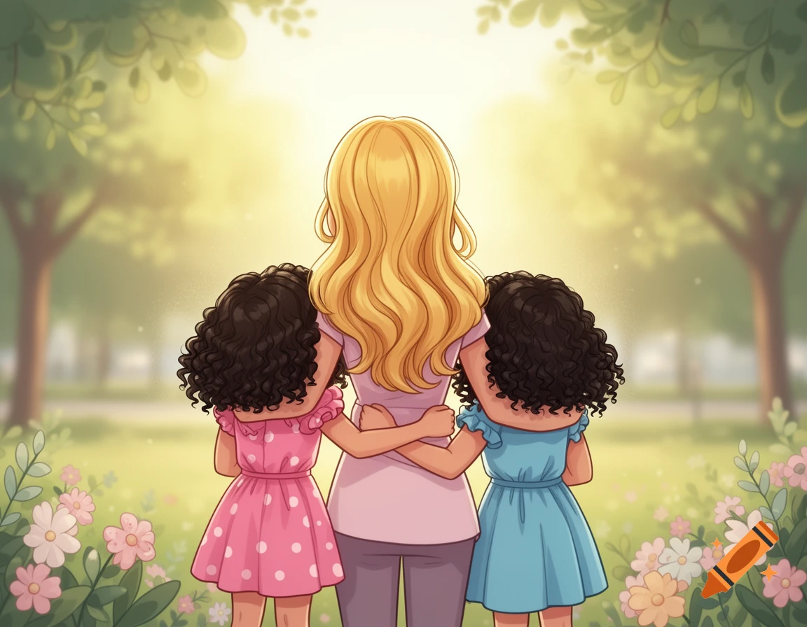 A cartoon illustration of a blonde mother embracing her two daughters with dark curly hair from behind, standing in a sunny park.