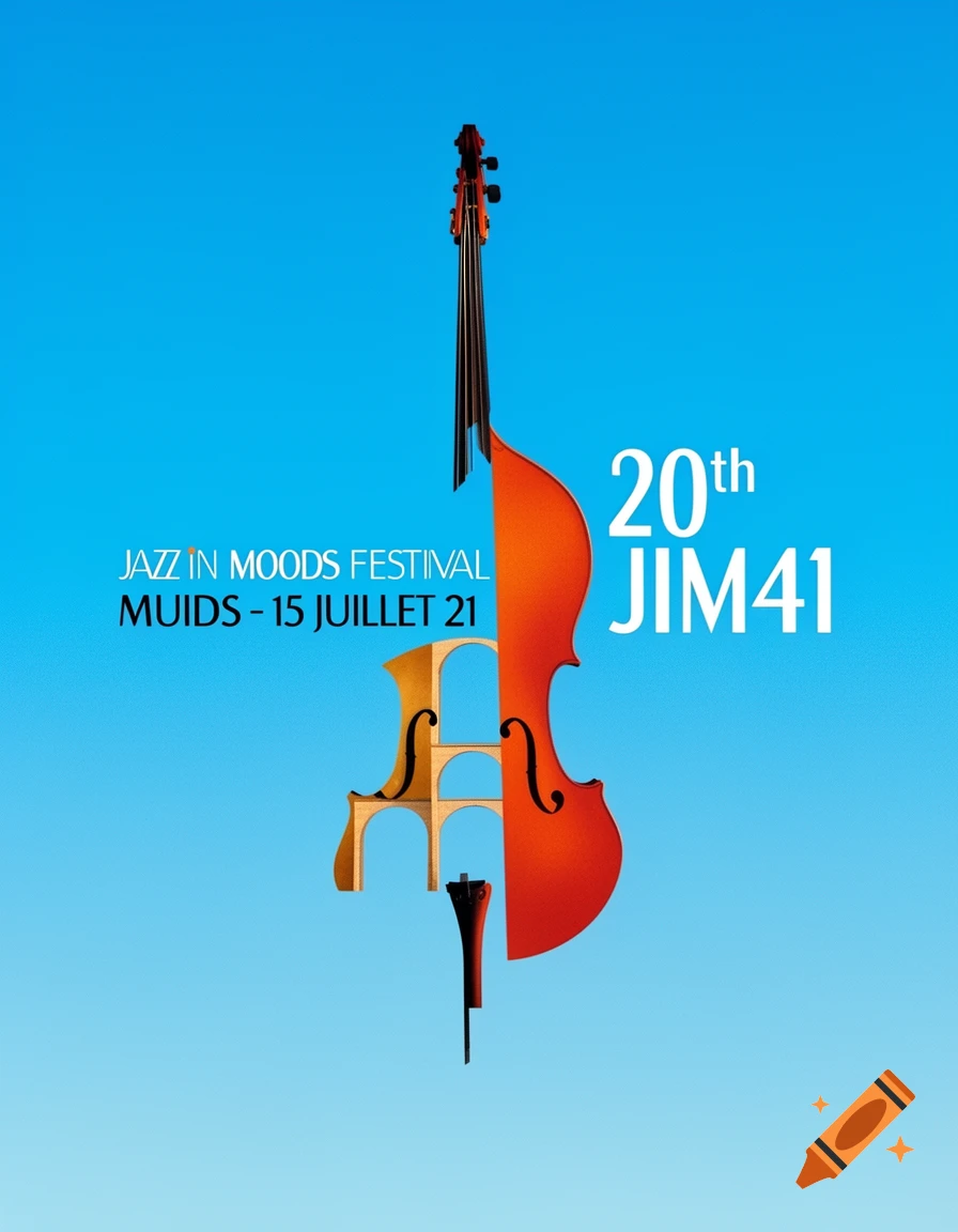 A stylized poster featuring a double bass, one side solid orange and the other side forming arches like a bridge, against a clear blue sky. Text promotes a Jazz in Moods festival.