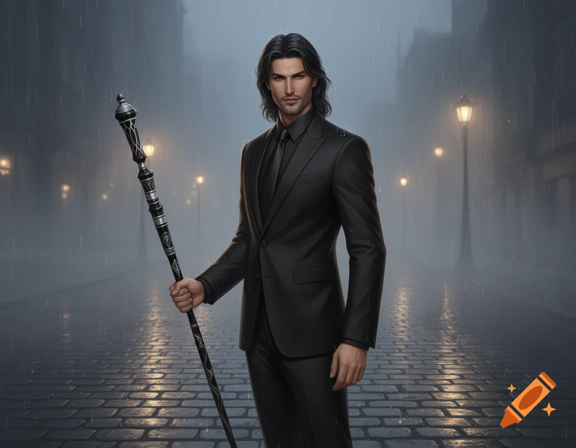 A gentleman with long dark hair in a black suit holds an ornate staff on a wet, rainy cobblestone street at night.