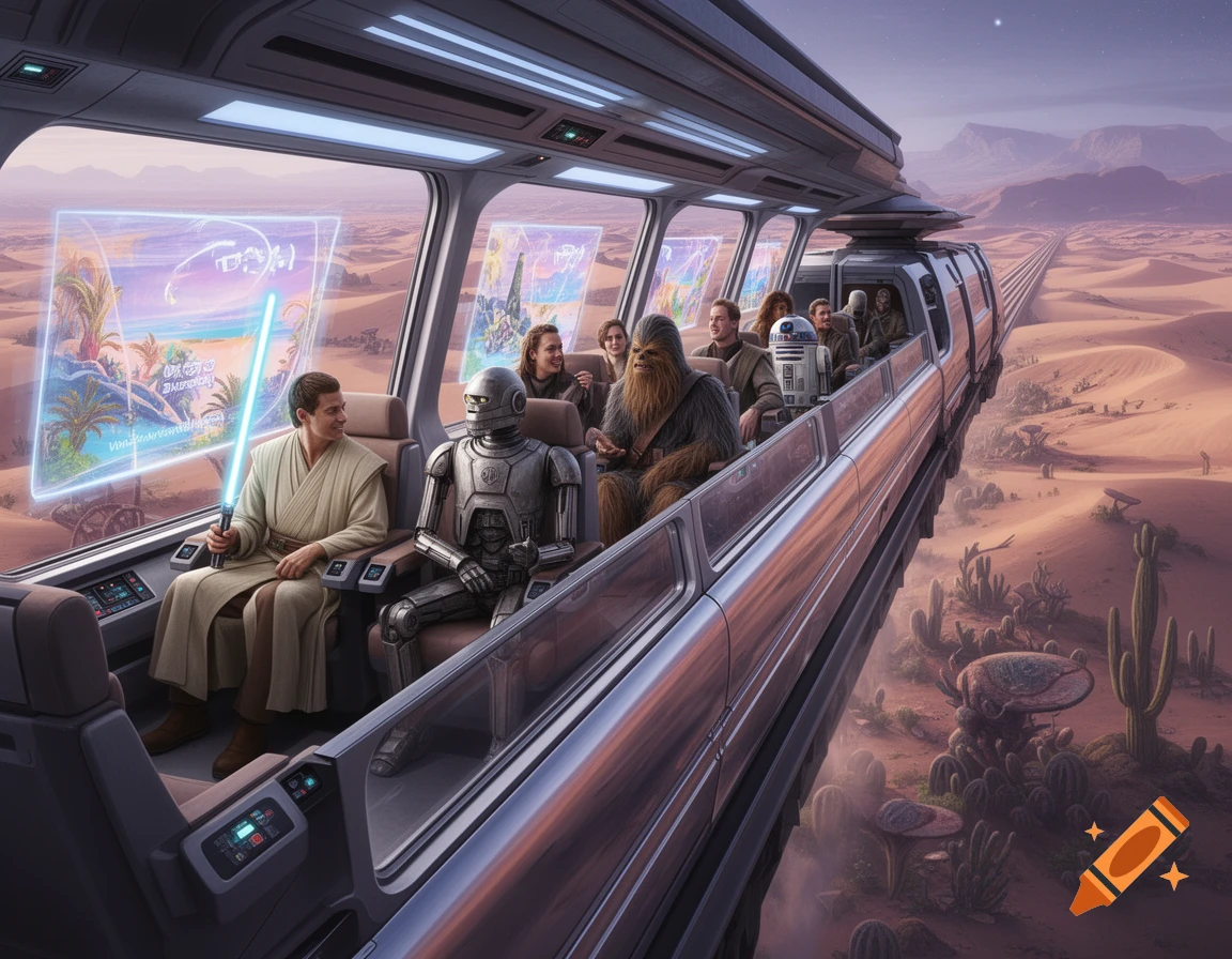 Star Wars characters ride a futuristic train through a desert. A Jedi holds a lightsaber, accompanied by Chewbacca and droids.