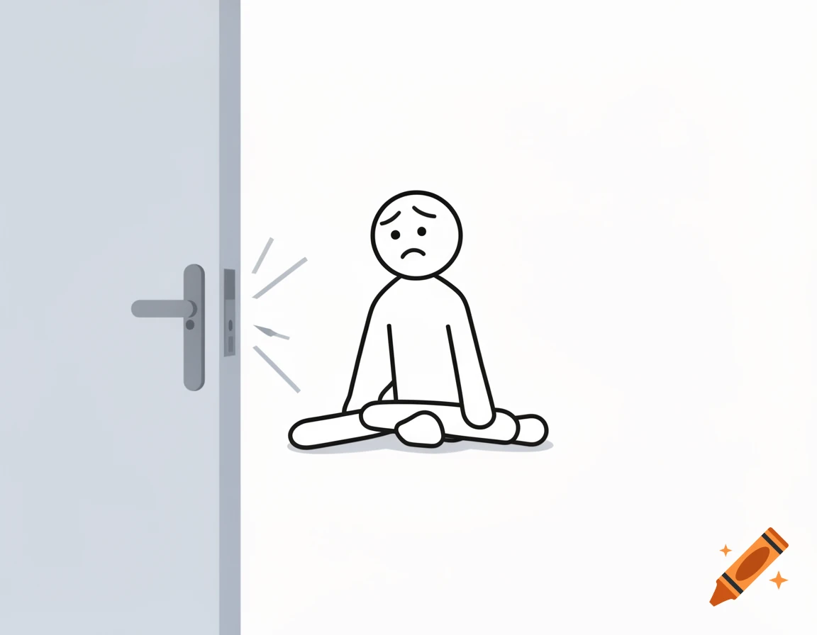 A sad, dazed stick figure sits on the floor next to a partially open door, looking like it was hit by it. Minimalist illustration.