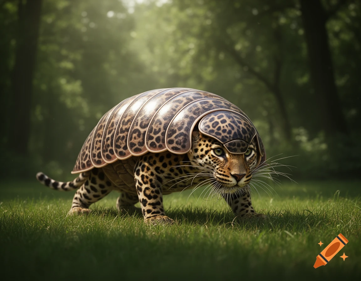 A photorealistic leopard-armadillo hybrid animal with a spotted shell walks on green grass in a sunlit forest.