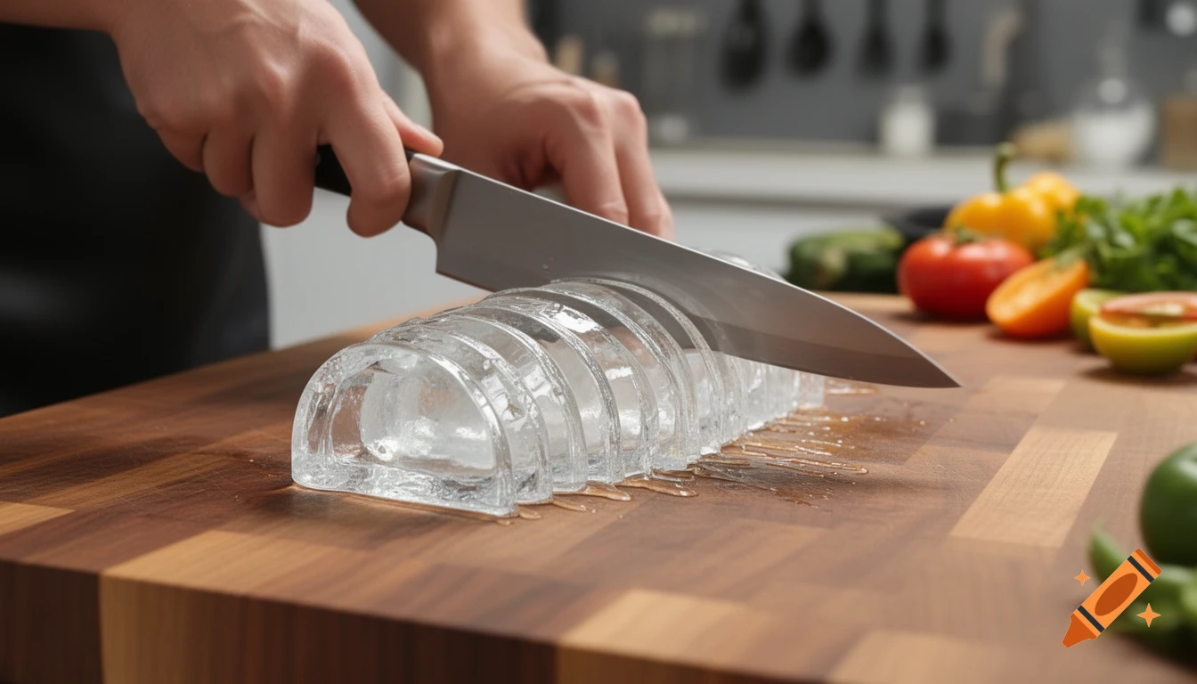 Close-up of hands cutting a clear, translucent block on a wooden cutting board with a large chef's knife. Fresh vegetables are blurred in the background.