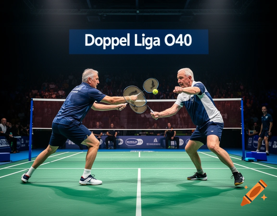 Two older men intensely playing badminton on a green court in a brightly lit indoor stadium, with "Doppel Liga O40" on a banner.