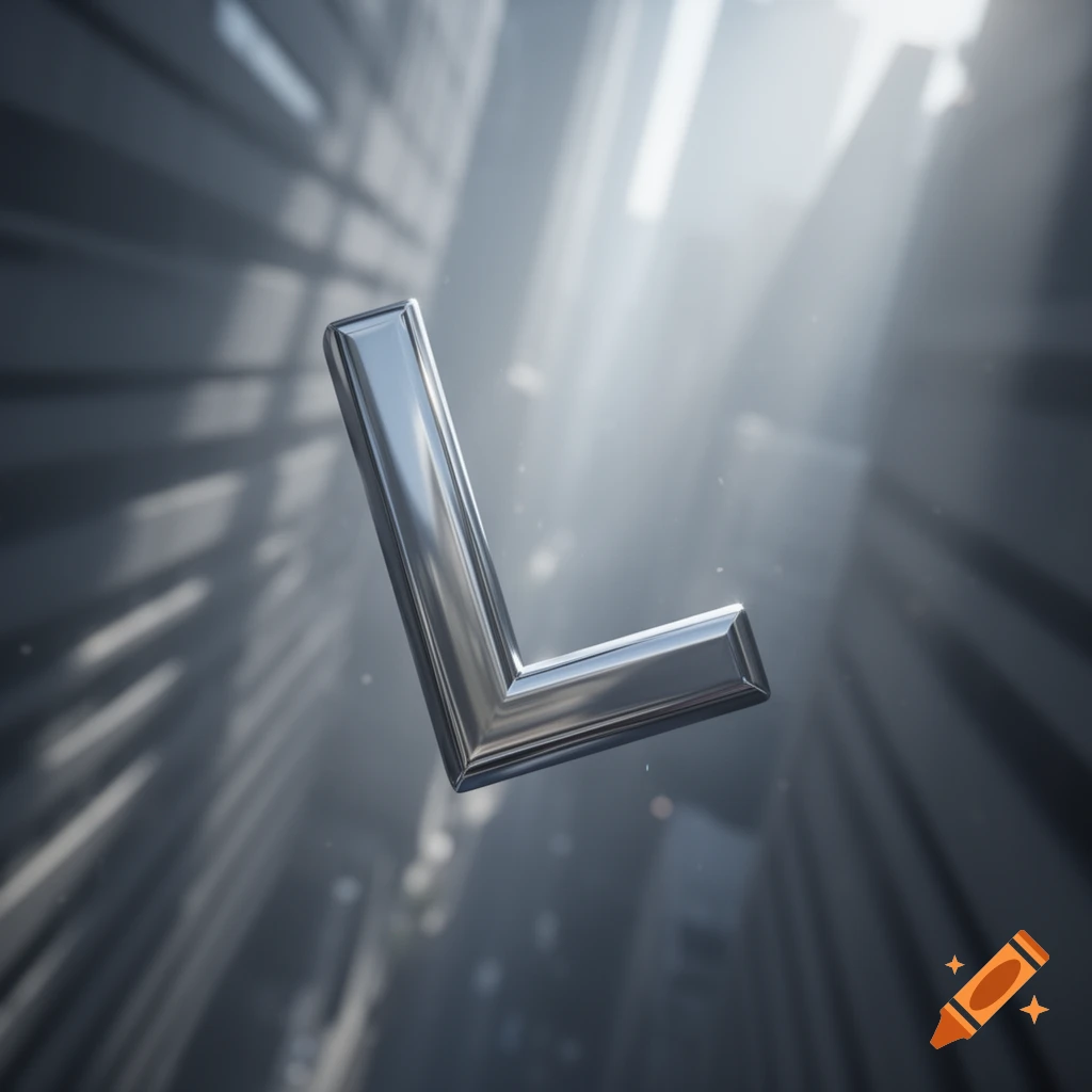 Metallic 3D letter L falling through a misty cityscape with dramatic light rays.