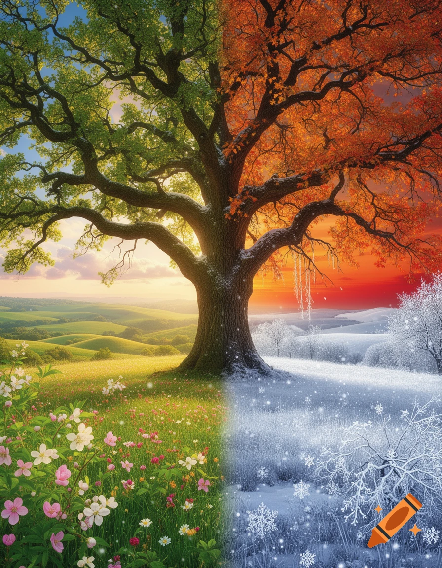 A majestic tree split in half, depicting spring/summer with green leaves and flowers on the left, and autumn/winter with red leaves and snow on the right.