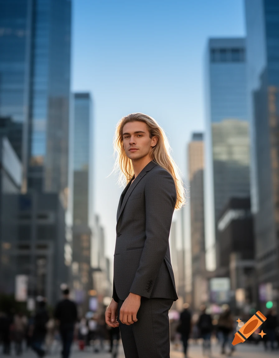 A man with long blonde hair in a dark suit stands in a bustling city street with tall buildings in the background.