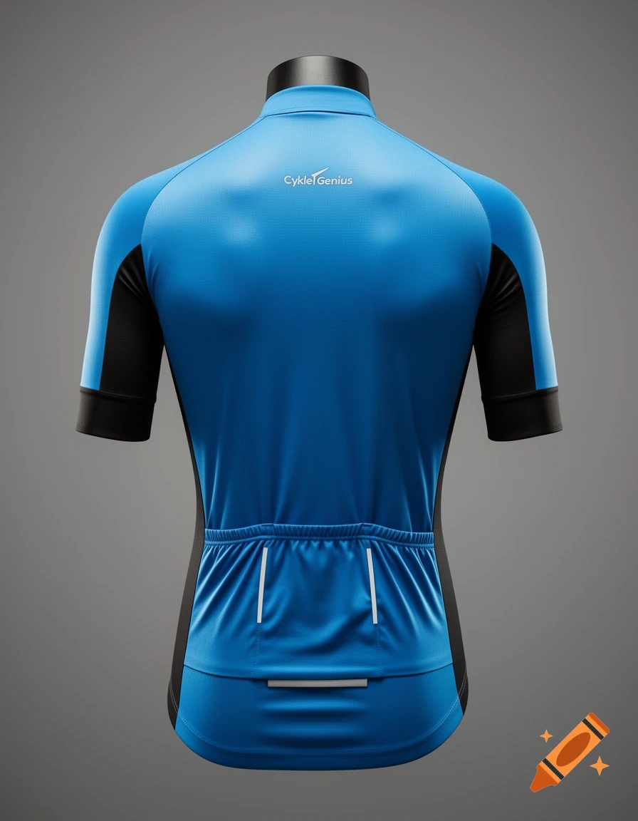 Rear view of a blue and black cycling jersey with 'Cykle Genius' logo on the back, displayed on a mannequin.