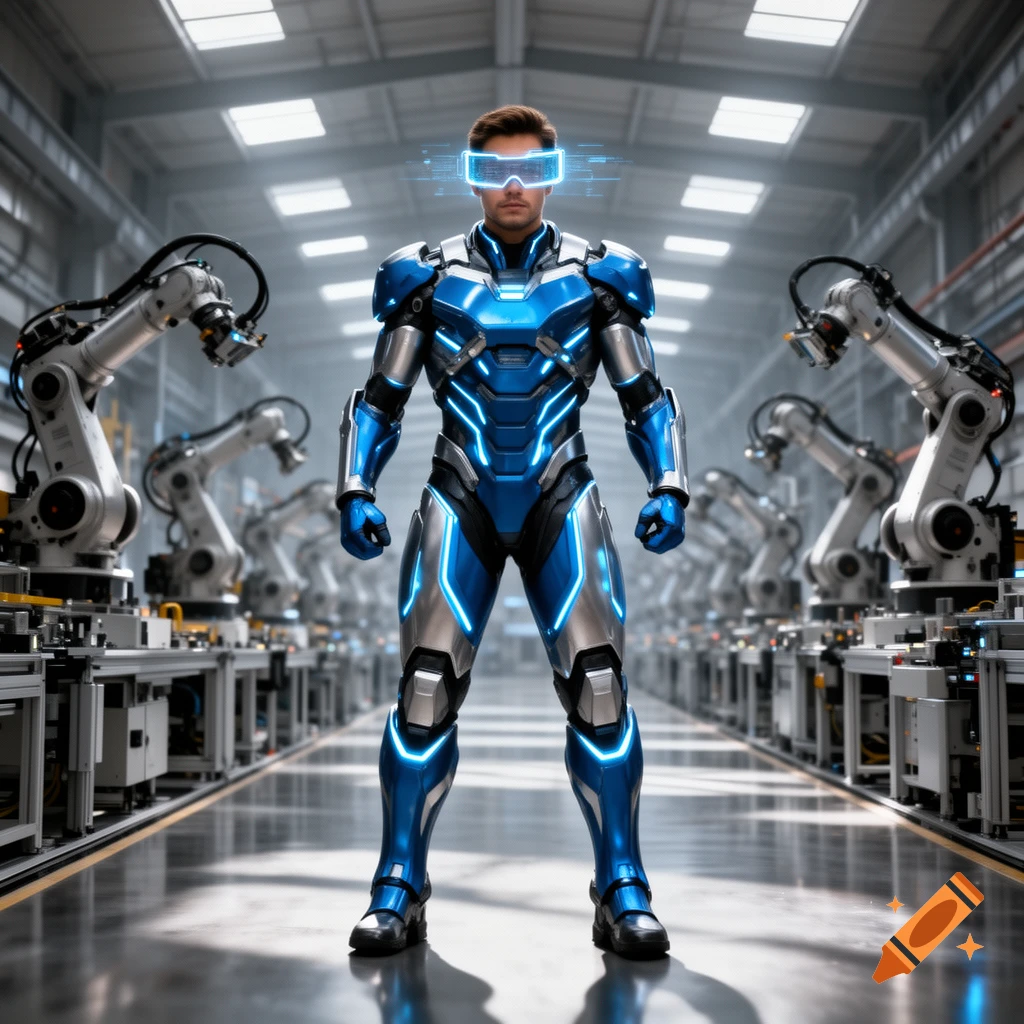 A man in a glowing blue and silver futuristic suit and VR headset stands confidently in a factory with robotic arms, photorealistic.